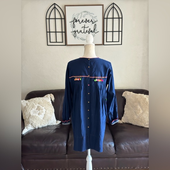 Pero 100% Cotton Tunic Dress In Navy Blue Designer Size 38 Handmade In India - Picture 6 of 16